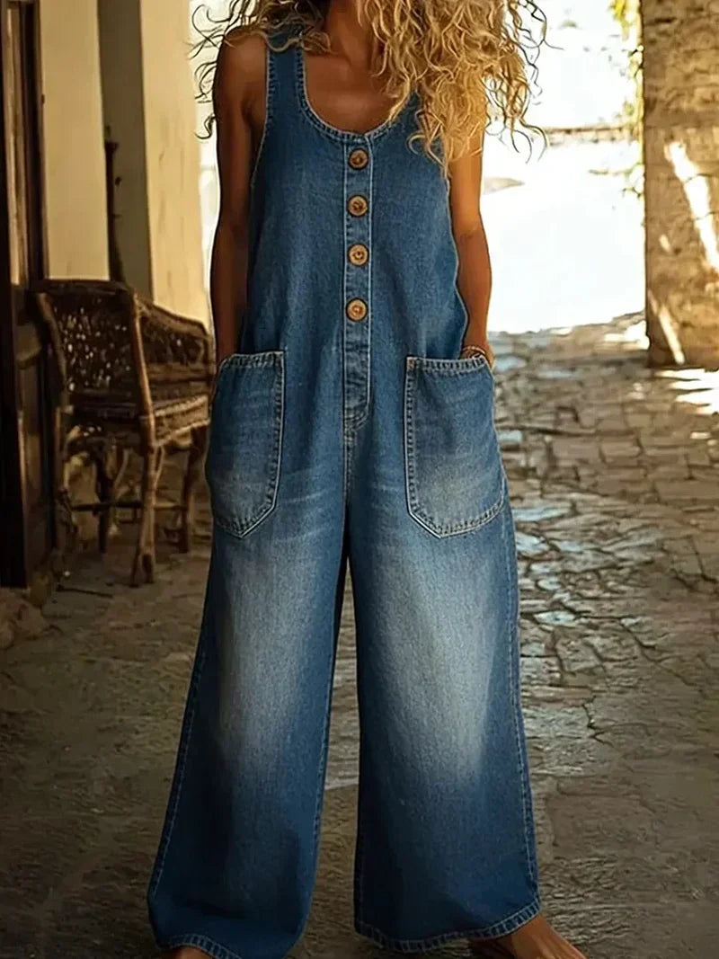 Salopette en jean pour femme à boutons sur le devant