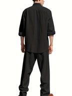 Men's Linen Two-Piece Set with Band Collar Shirt for Summer Comfort