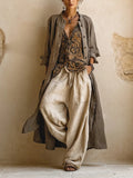 Women's Bohemian Layered Linen Blend Cardigan with Wide Leg Trousers Set