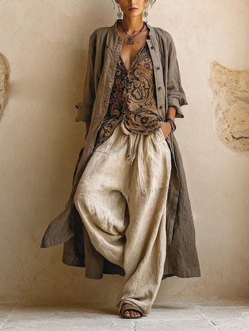 Ensemble femme bohème composé d’un cardigan superposé et d’un pantalon large