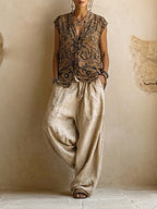 Women's Bohemian Layered Linen Blend Cardigan with Wide Leg Trousers Set