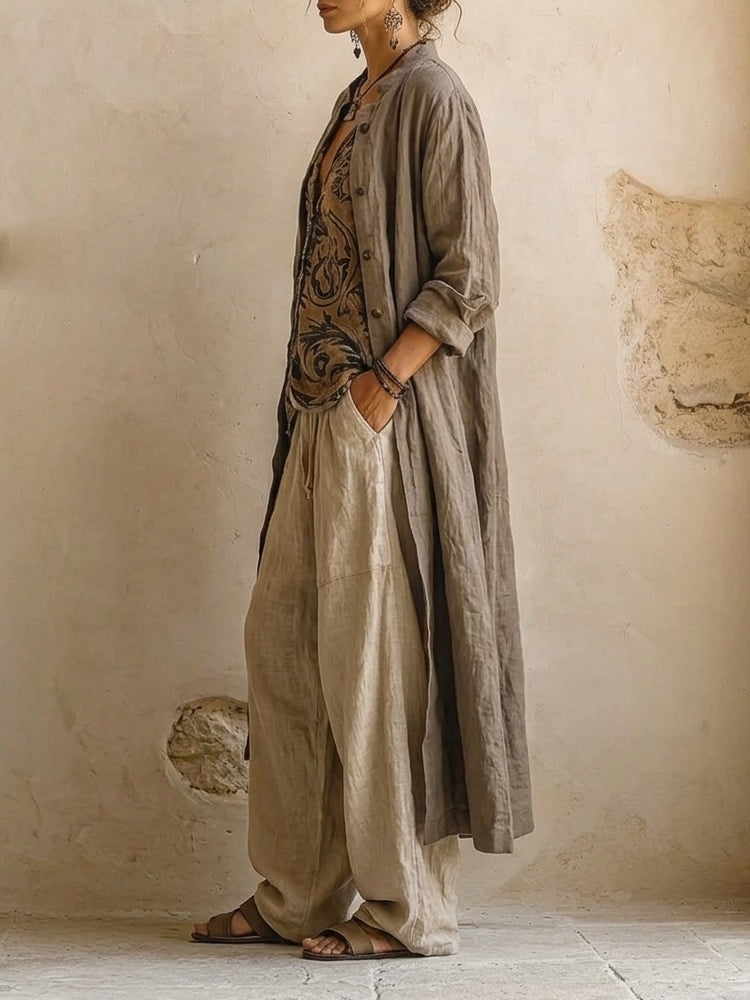 Women's Bohemian Layered Linen Blend Cardigan with Wide Leg Trousers Set