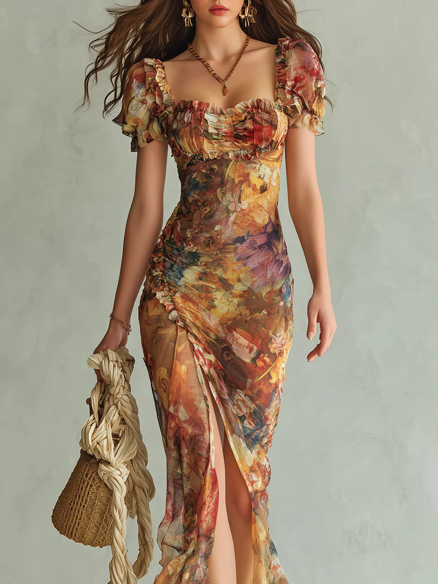 Damen elegantes Chiffon-Maxikleid mit künstlerischem Blumenmuster und fließender Passform