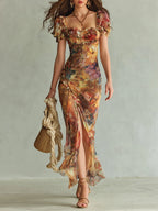 Damen elegantes Chiffon-Maxikleid mit künstlerischem Blumenmuster und fließender Passform