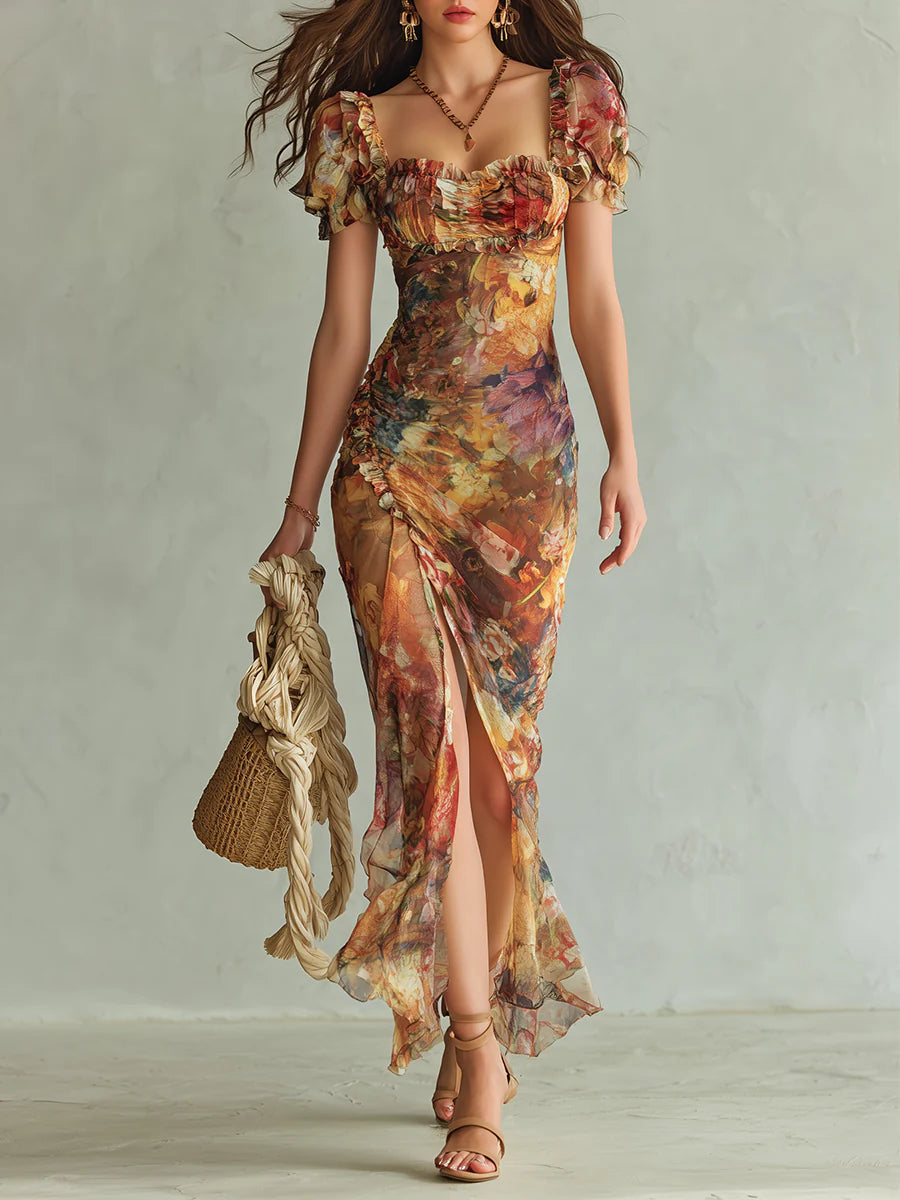Damen elegantes Chiffon-Maxikleid mit künstlerischem Blumenmuster und fließender Passform