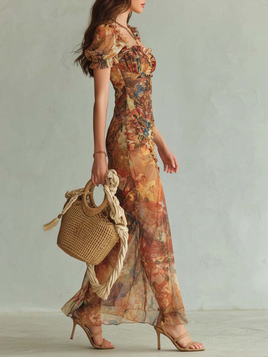 Damen elegantes Chiffon-Maxikleid mit künstlerischem Blumenmuster und fließender Passform