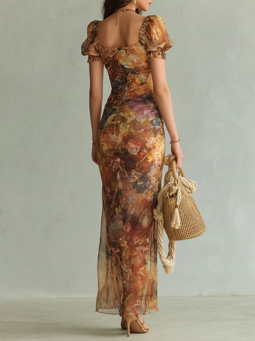 Women Elegant Chiffon Maxi Dress with Artistic Floral Print and Flowing Fit