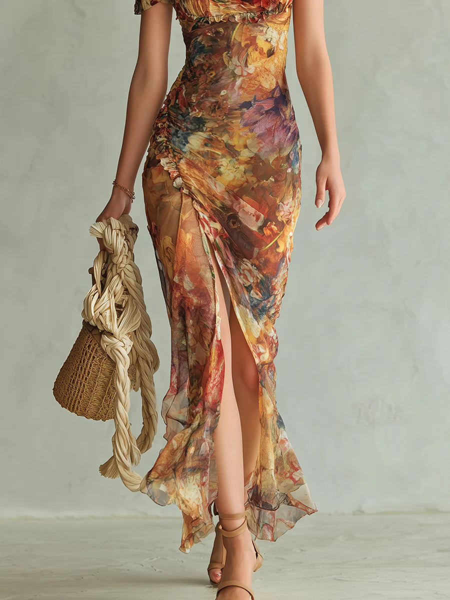 Damen elegantes Chiffon-Maxikleid mit künstlerischem Blumenmuster und fließender Passform
