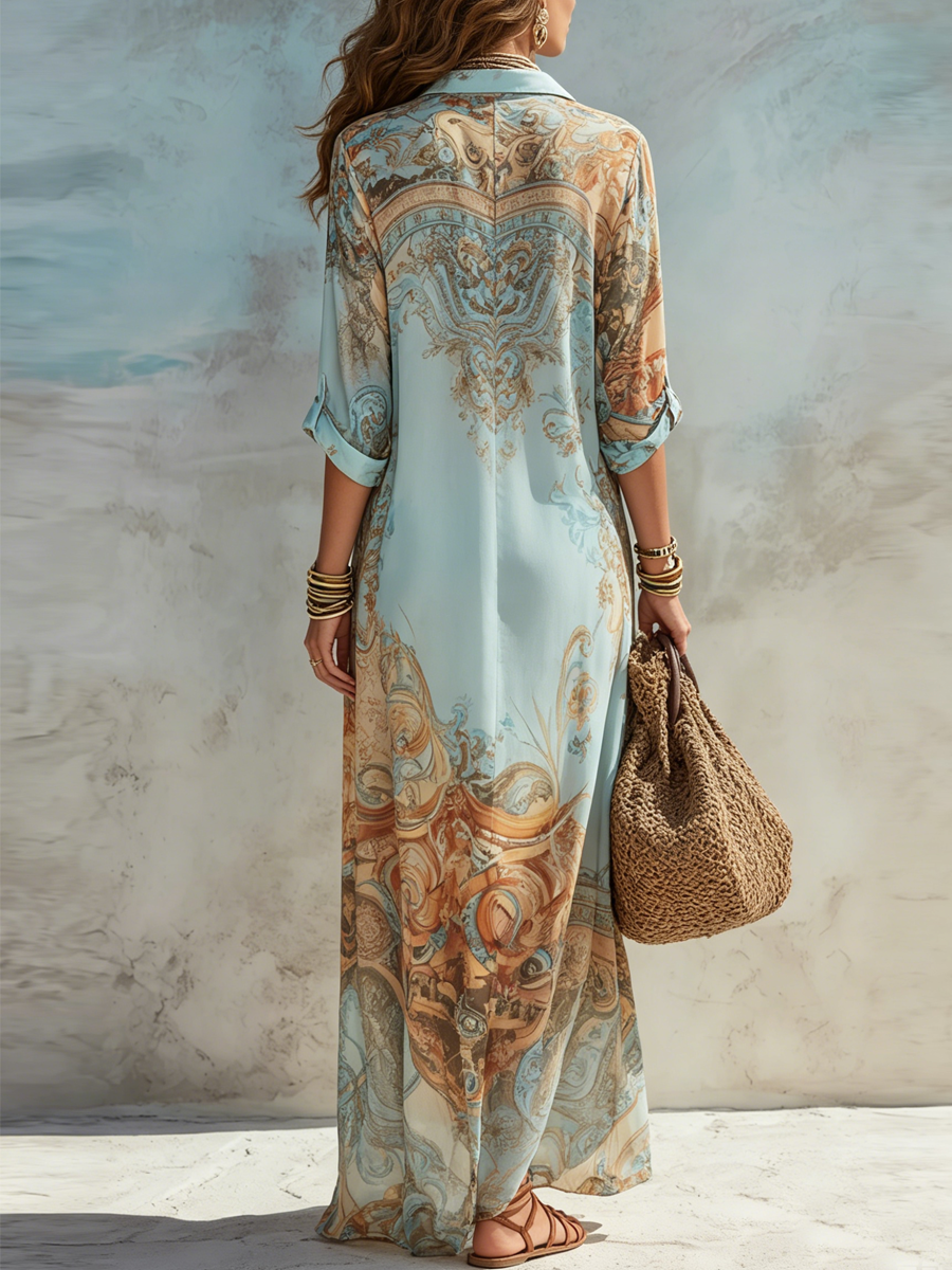 Women's Vintage Abstract Print Button Front Maxi Shirt Dress