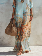Women's Vintage Abstract Print Button Front Maxi Shirt Dress