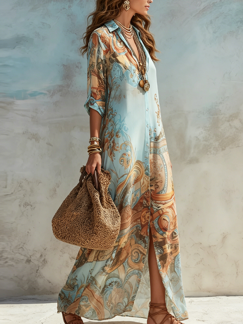 Women's Vintage Abstract Print Button Front Maxi Shirt Dress