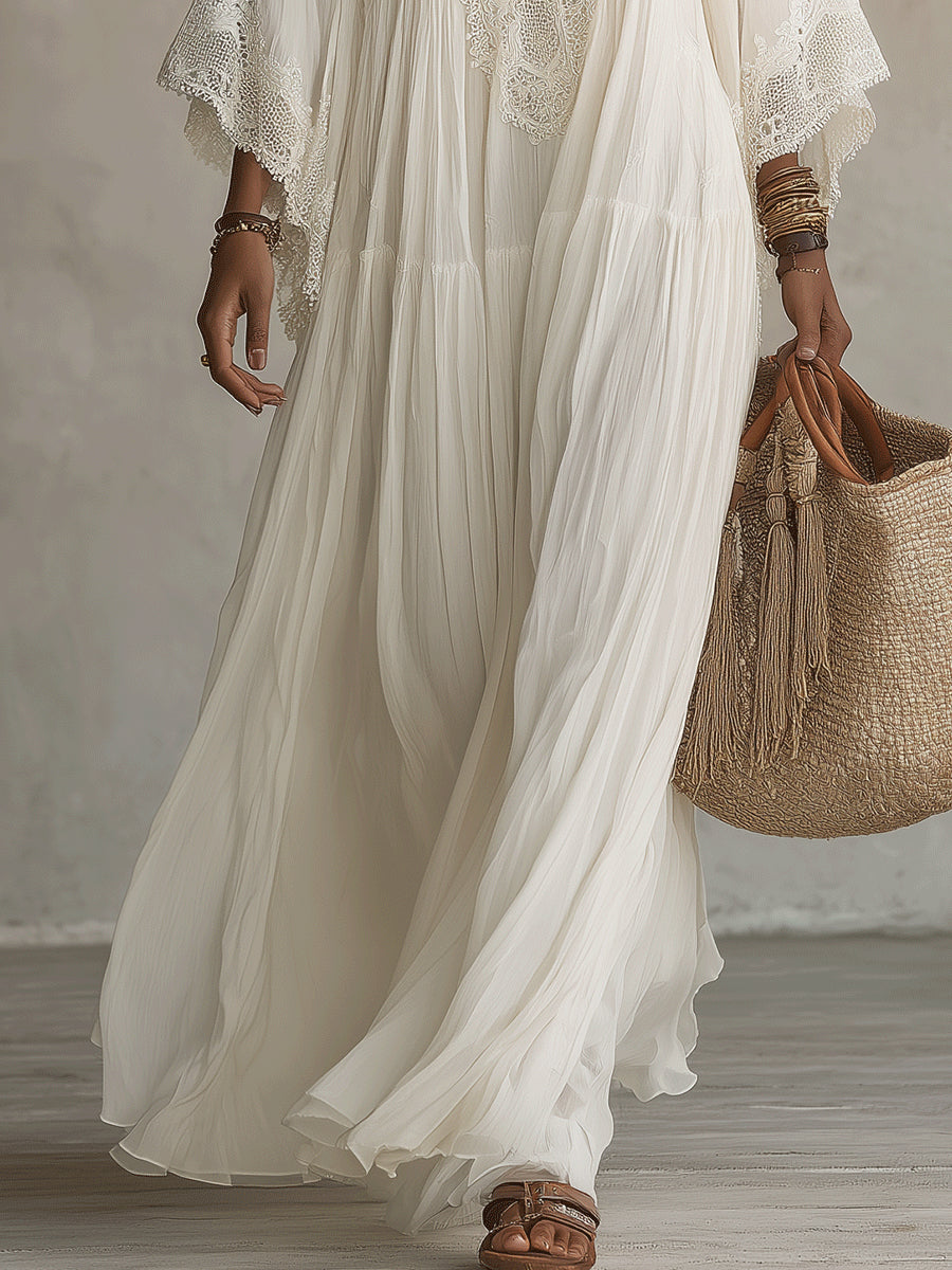 Women's Boho Lace Trim V-Neck Maxi Dress