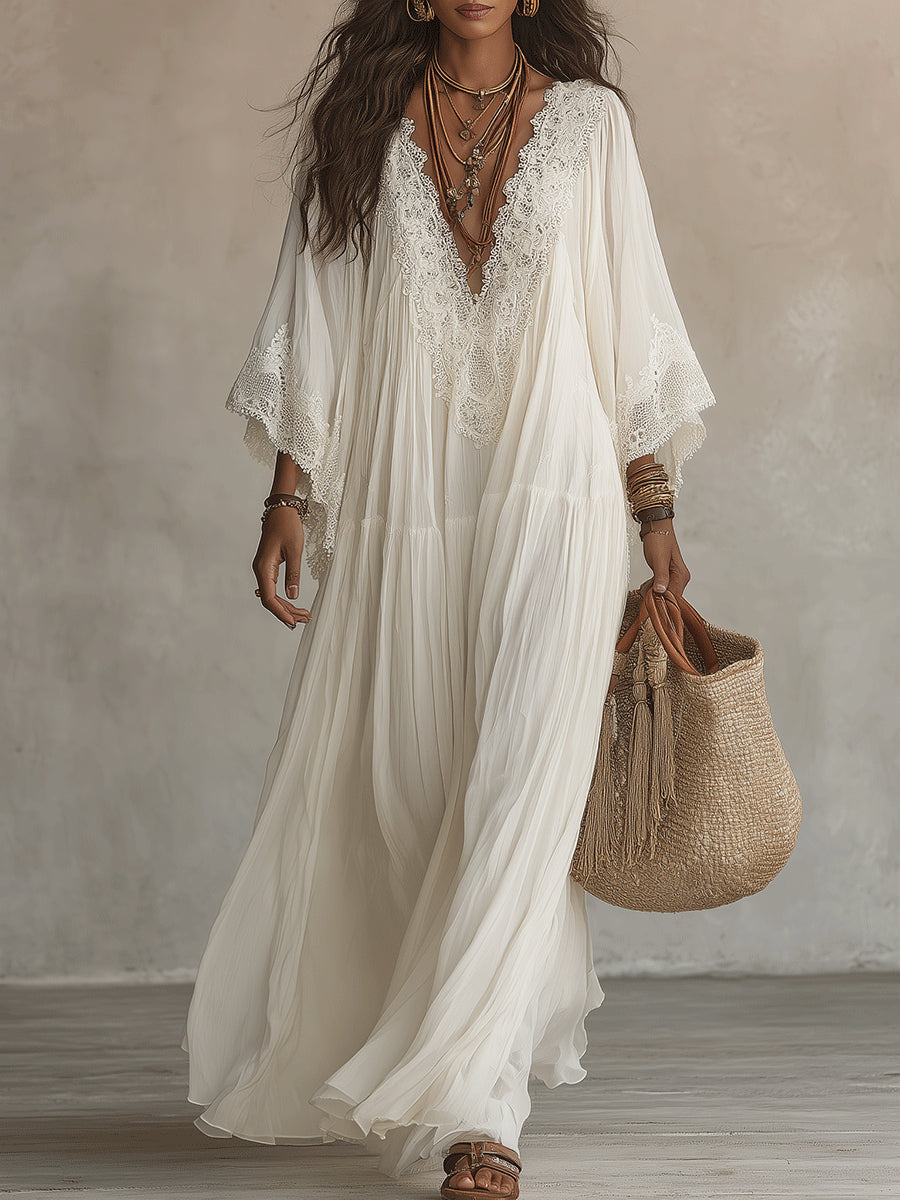 Women's Boho Lace Trim V-Neck Maxi Dress