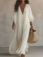 Women's Boho Lace Trim V-Neck Maxi Dress