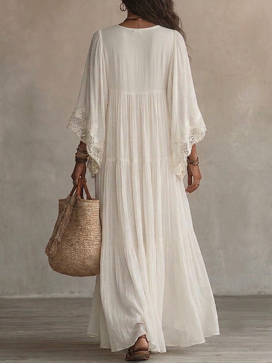 Women's Boho Lace Trim V-Neck Maxi Dress