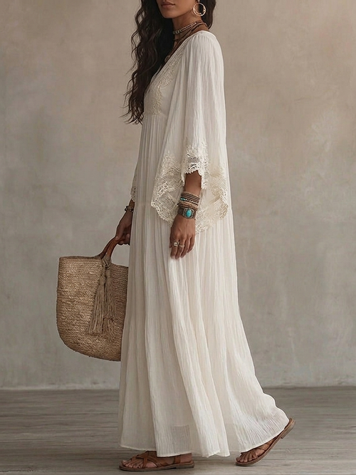 Robe maxi bohème pour femme avec col en V et bordure en dentelle