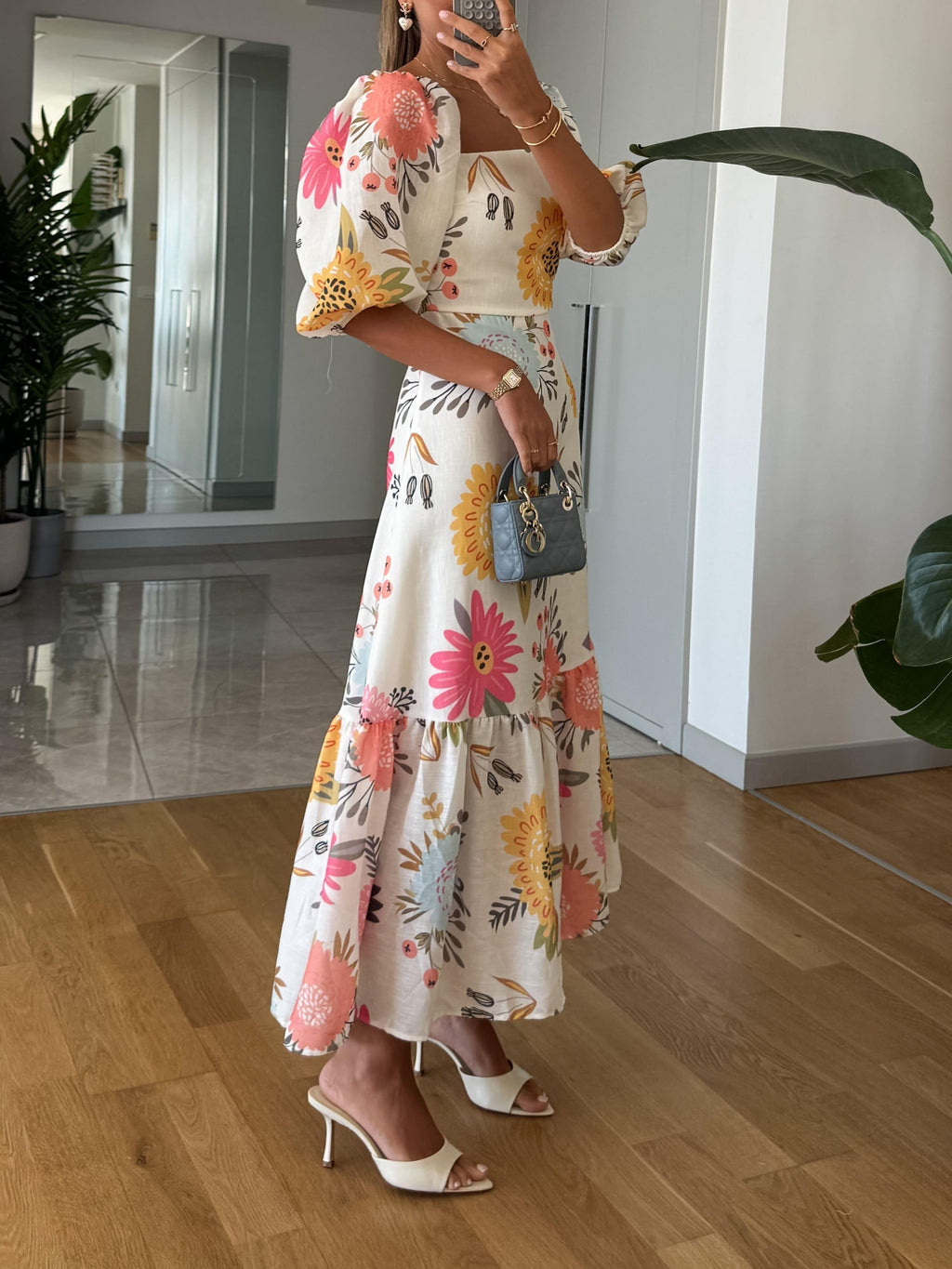 Women's Floral Puff Sleeve Midi Dress