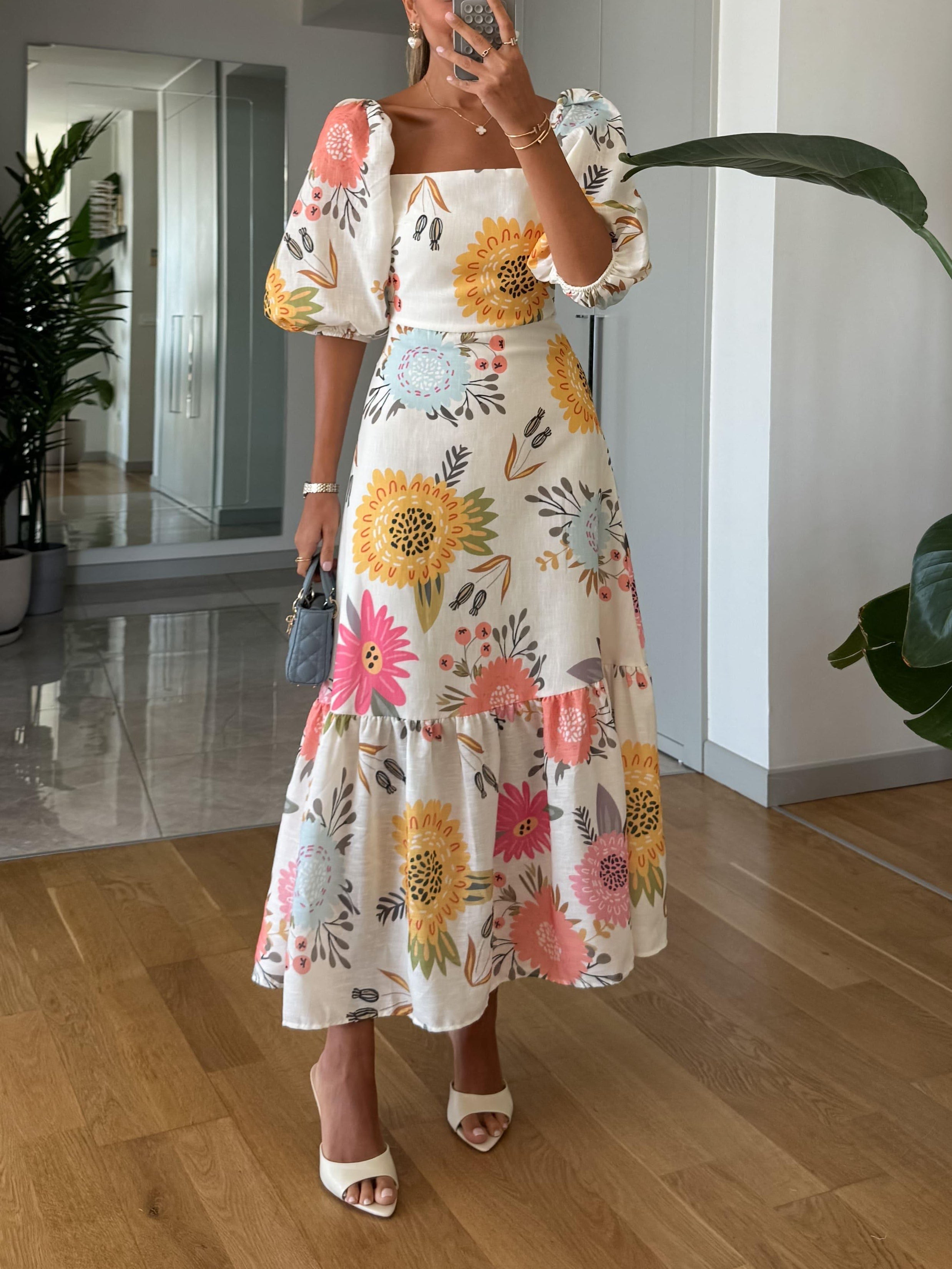 Women's Floral Puff Sleeve Midi Dress