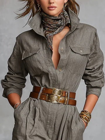 Damen entspannter Jumpsuit mit Hemdkragen und Knopfleiste vorne
