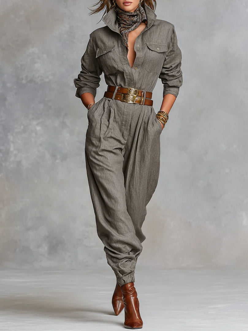 Damen entspannter Jumpsuit mit Hemdkragen und Knopfleiste vorne