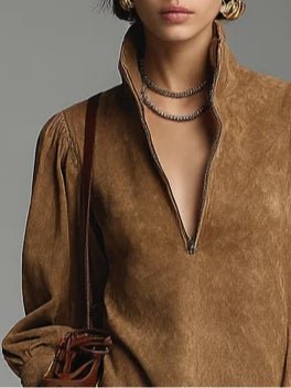 Damen modernes Wildleder-Minikleid mit Reißverschluss am Rollkragen und entspannter Passform