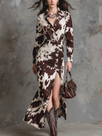 Damen Vintage Midi-Kleid mit Kuhmuster und Hemd-Design mit Knopfleiste