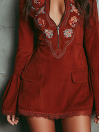 Damen Vintage besticktes Minikleid mit Glockenärmeln und Reißverschluss am Ausschnitt