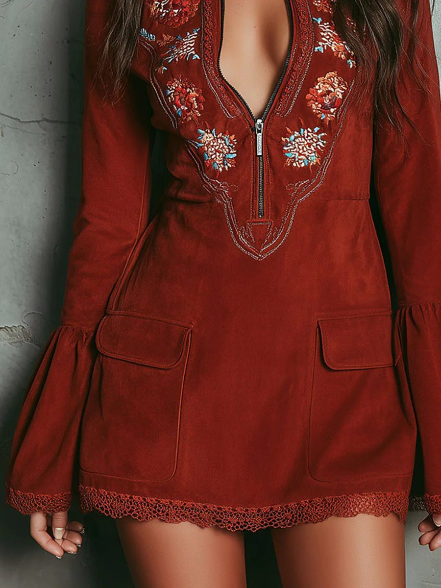 Damen Vintage besticktes Minikleid mit Glockenärmeln und Reißverschluss am Ausschnitt