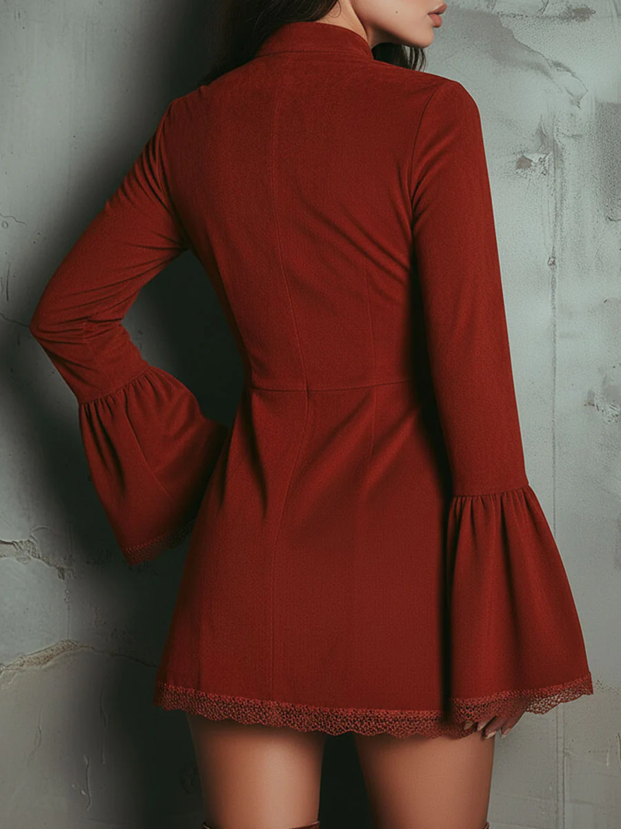 Damen Vintage besticktes Minikleid mit Glockenärmeln und Reißverschluss am Ausschnitt