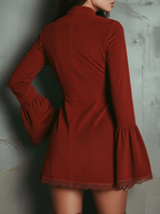 Damen Vintage besticktes Minikleid mit Glockenärmeln und Reißverschluss am Ausschnitt