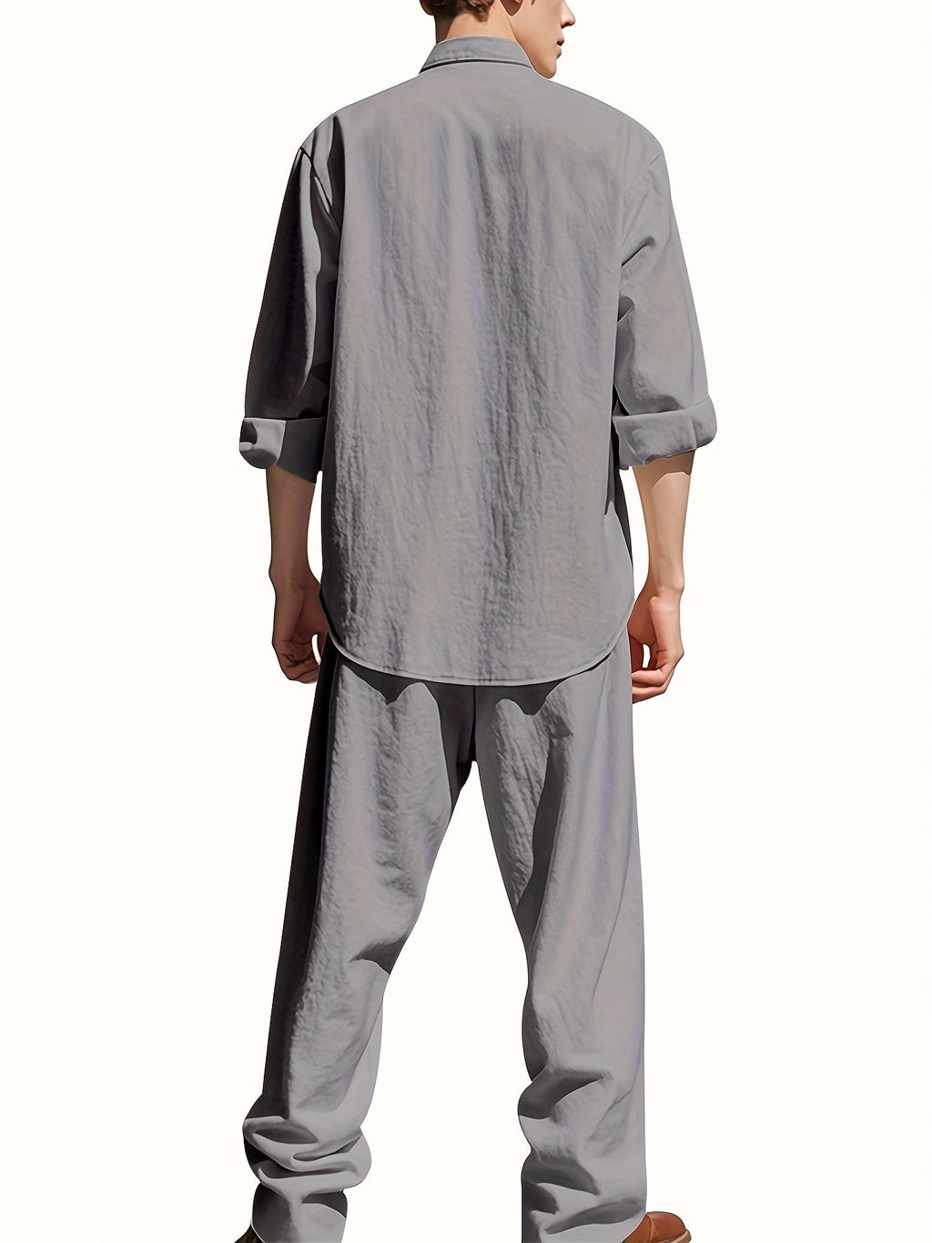 Men's Linen Two-Piece Set with Band Collar Shirt for Summer Comfort