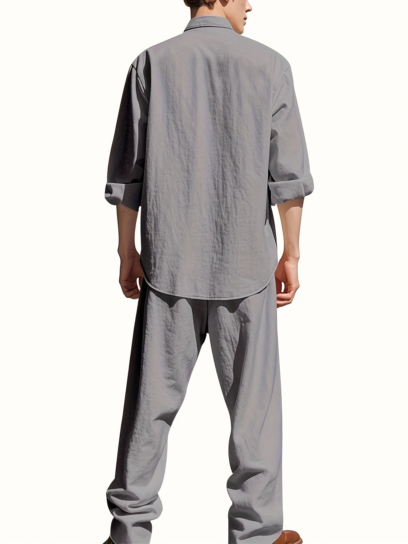 Men's Linen Two-Piece Set with Band Collar Shirt for Summer Comfort