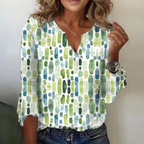 Women's Geometric Print Blouse with V-Neck and Flared Sleeves for Everyday Wear