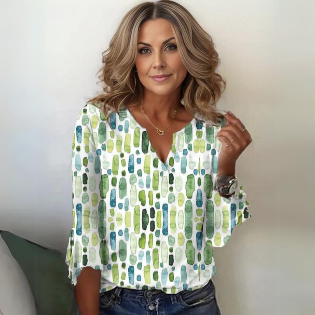 Women's Geometric Print Blouse with V-Neck and Flared Sleeves for Everyday Wear