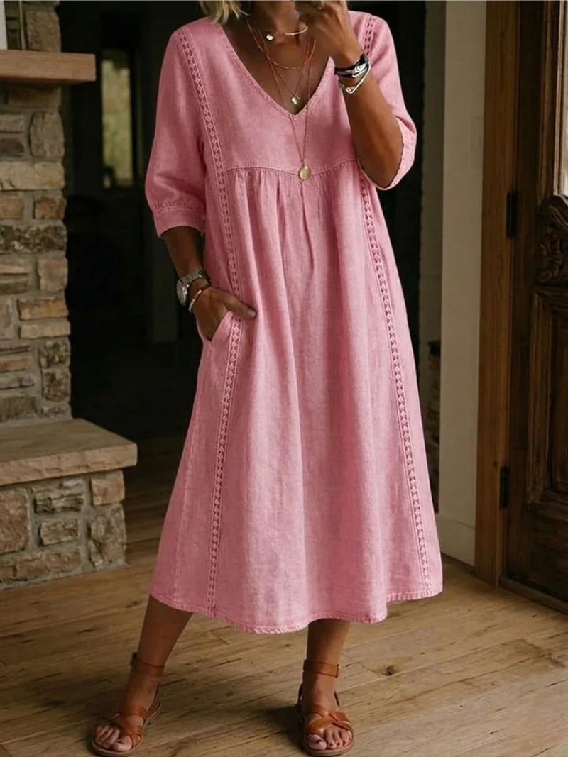 Women's V-Neck Midi Dress with Decorative Lace Trim