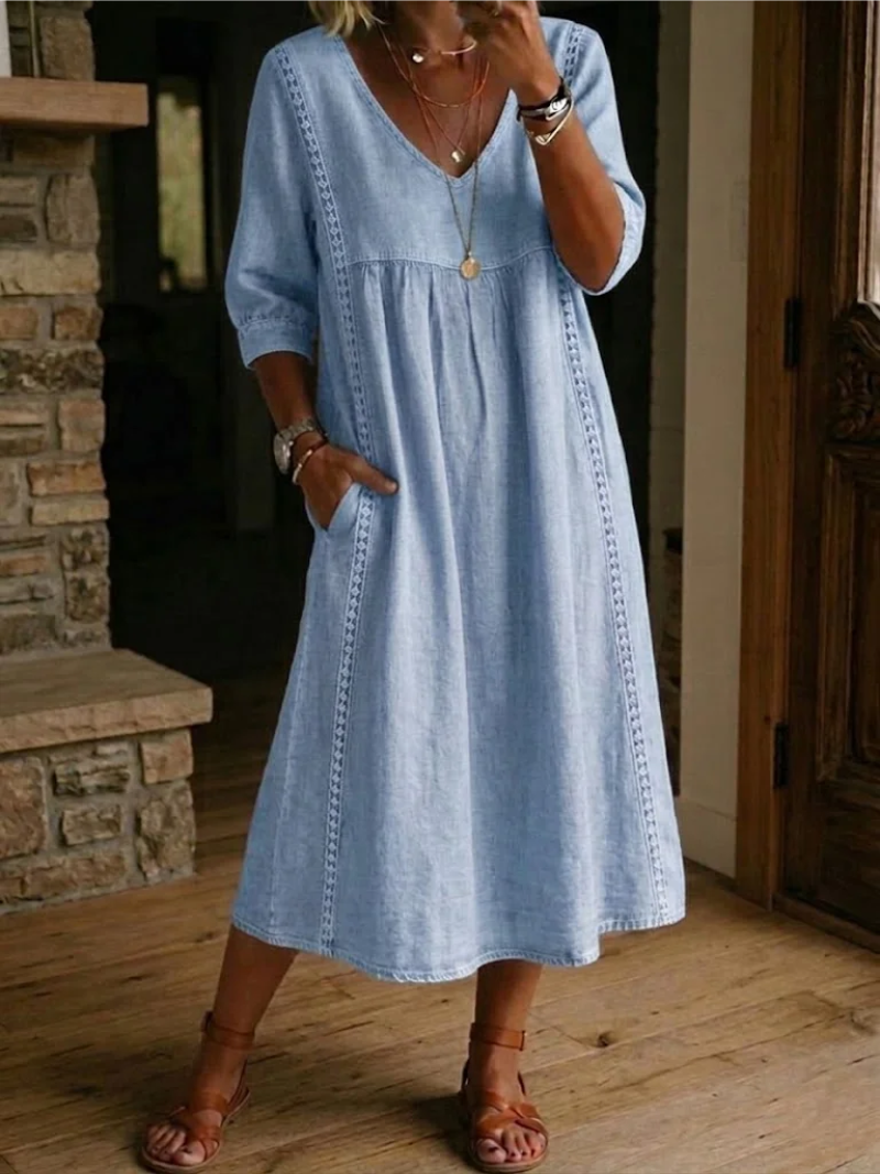Women's V-Neck Midi Dress with Decorative Lace Trim