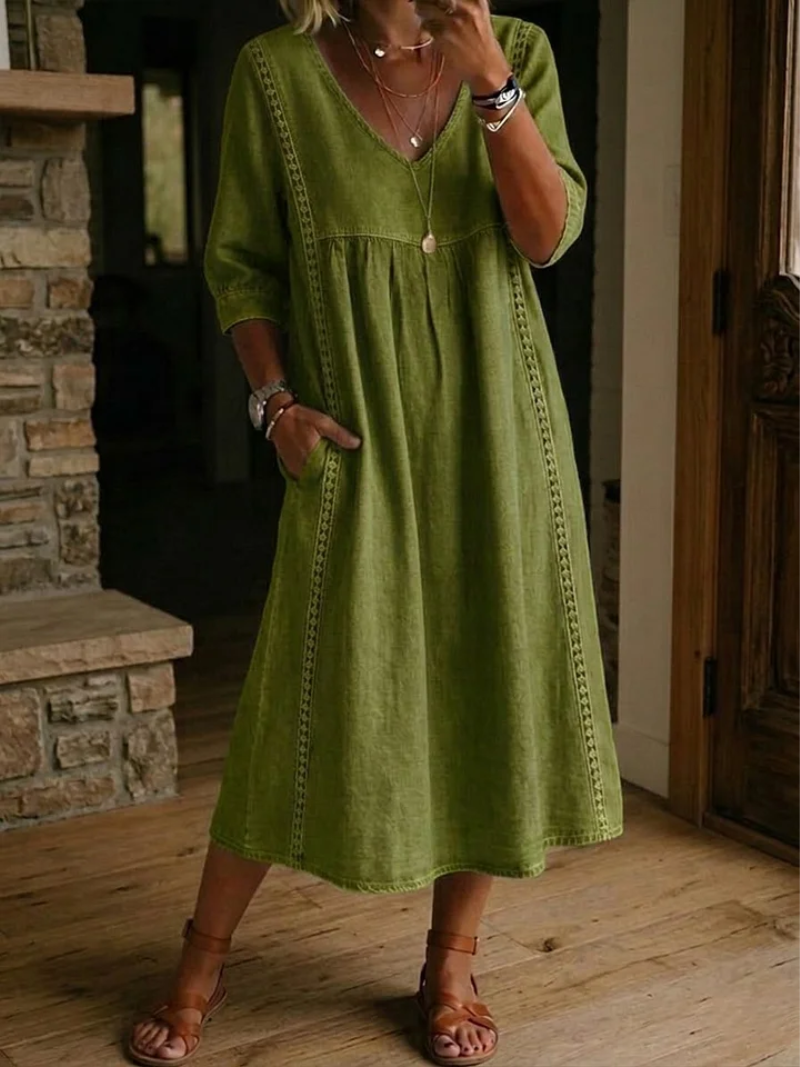 Women's V-Neck Midi Dress with Decorative Lace Trim