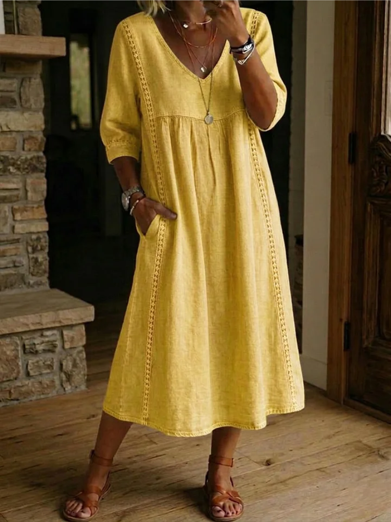 Women's V-Neck Midi Dress with Decorative Lace Trim
