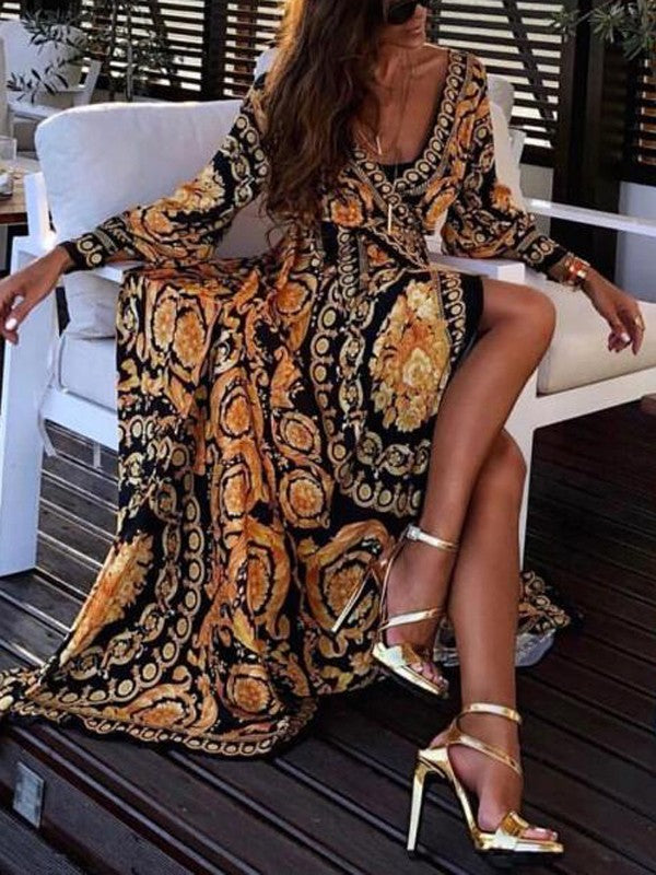 Maxikleid für Damen mit Barockmuster und langen Ärmeln