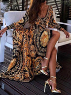 Maxikleid für Damen mit Barockmuster und langen Ärmeln