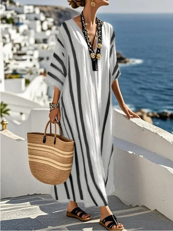 Women's Striped Kaftan Maxi Dress for Relaxed Summer Beach Days