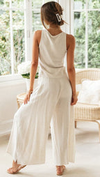 Women's Two-Piece Set with Drawstring Top and Wide-Leg Trousers