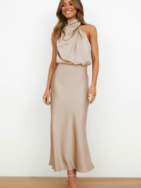 Damen Satin-Midikleid mit drapiertem Neckholder und elegant fließender Passform