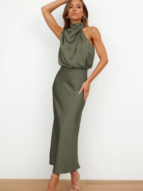 Damen Satin-Midikleid mit drapiertem Neckholder und elegant fließender Passform