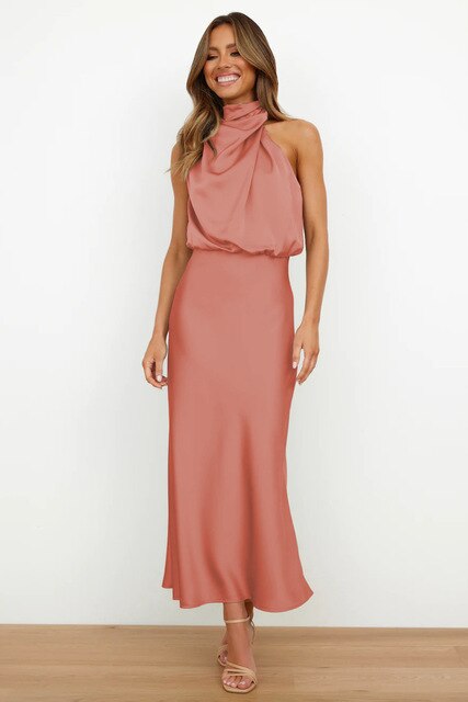 Damen Satin-Midikleid mit drapiertem Neckholder und elegant fließender Passform