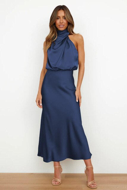 Damen Satin-Midikleid mit drapiertem Neckholder und elegant fließender Passform