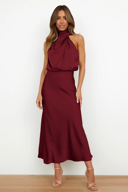 Damen Satin-Midikleid mit drapiertem Neckholder und elegant fließender Passform