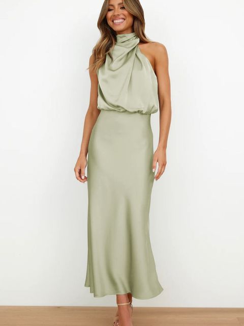 Damen Satin-Midikleid mit drapiertem Neckholder und elegant fließender Passform