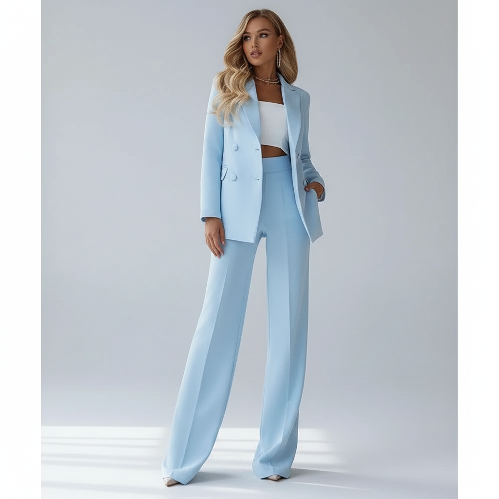 Women's Two-Piece Trouser Suit with Double-Breasted Blazer for Smart Wear