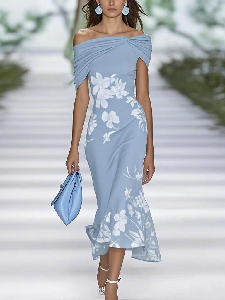Women Elegant Floral Midi Dress - Off-Shoulder Design with Flowing Fit